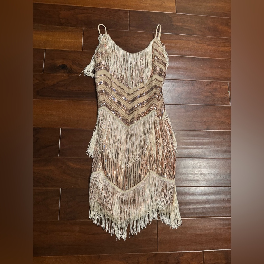 Fringe Sequin Gold Dress